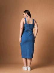Women Blue Blast Denim Front Slit Midi Dress-SFDRSS12481
