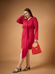 Women Red Front Knot Detail Short Dress-SFDRSS12483