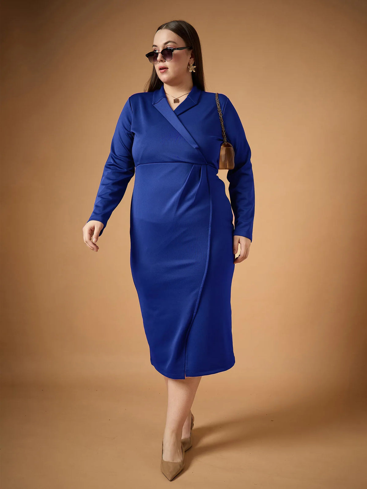 Women Royal Blue Full Sleeves Midi Dress-SFDRSS12485