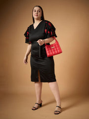 Women Black Frill Sleeves Midi Dress-SFDRSS12486