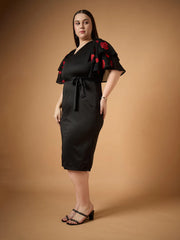 Women Black Frill Sleeves Midi Dress-SFDRSS12486