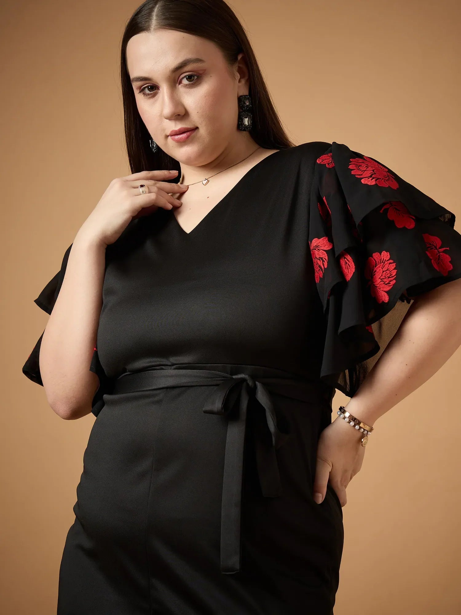 Black Frill Sleeve Midi Dress | Poly Knit Comfort Fit