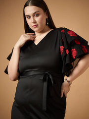 Women Black Frill Sleeves Midi Dress-SFDRSS12486