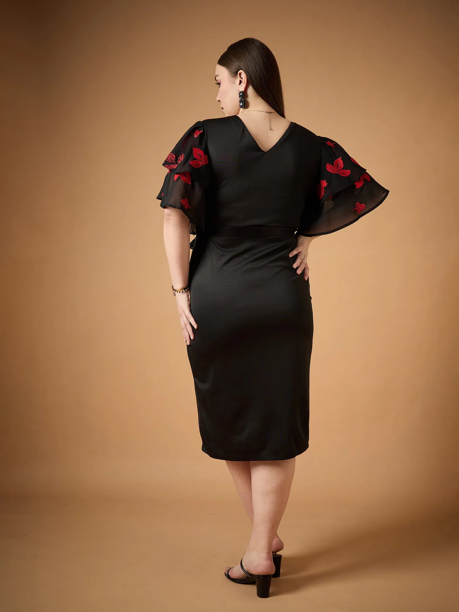 Black Frill Sleeve Midi Dress | Poly Knit Comfort Fit