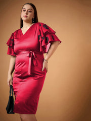 Women Red Frill Sleeves Midi Dress-SFDRSS12487