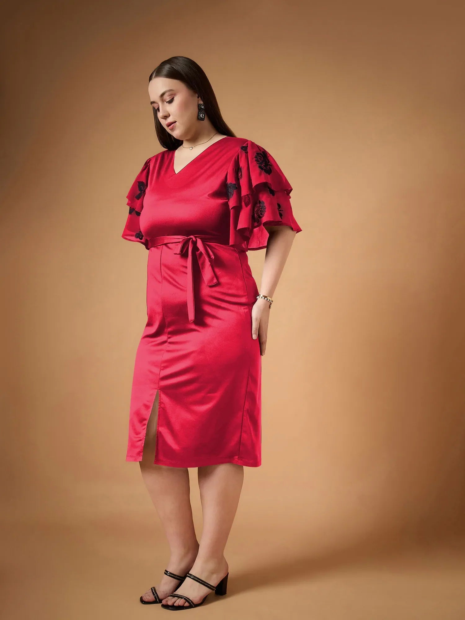 Red Midi Dress with Frill Sleeves | Women's Designer Dress