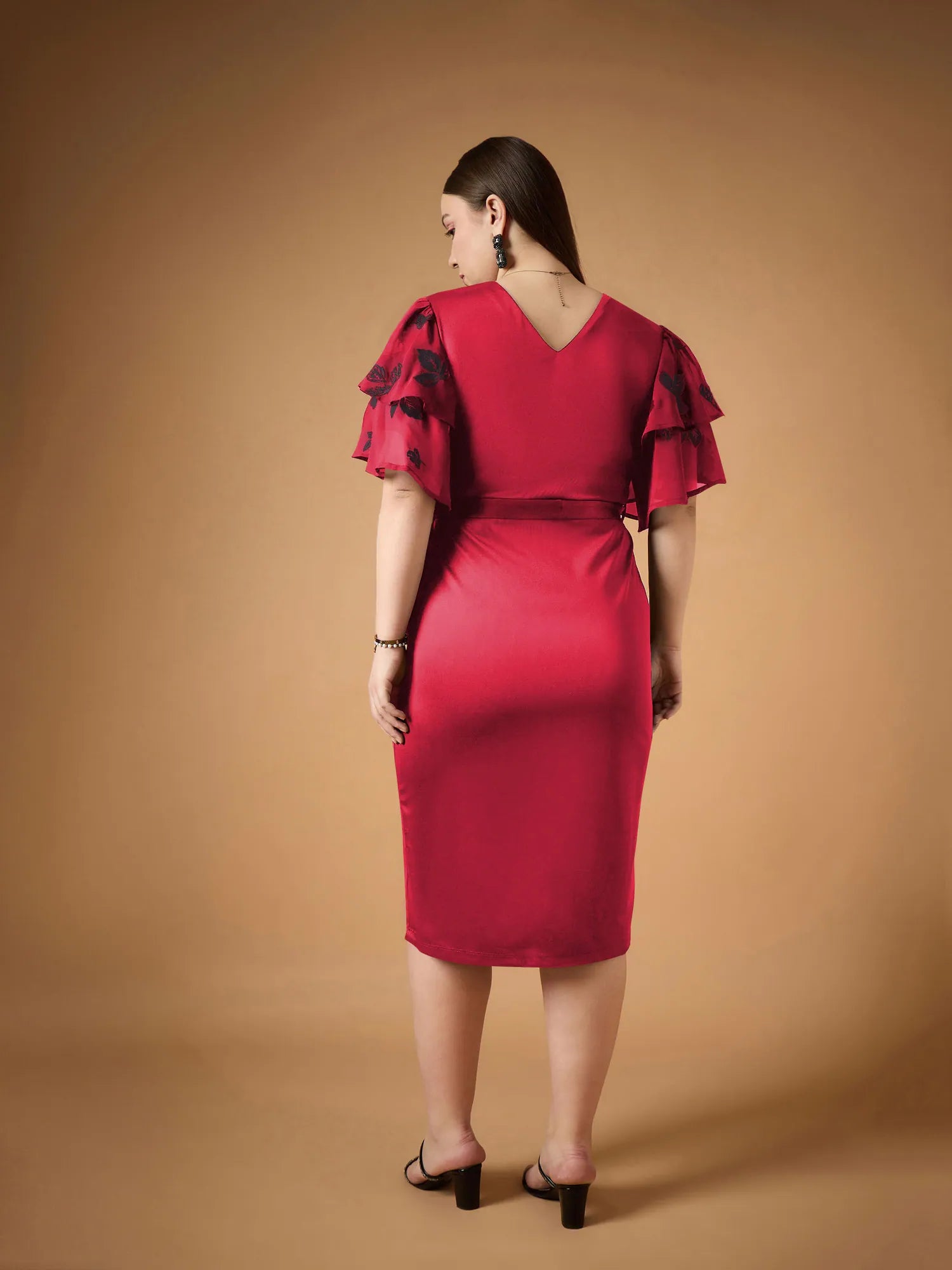 Red Midi Dress with Frill Sleeves | Women's Designer Dress
