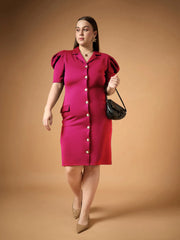Women Fuchsia Front Button Midi Dress-SFDRSS12488