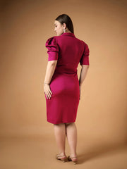 Women Fuchsia Front Button Midi Dress-SFDRSS12488