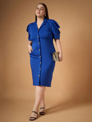 Women Royal Blue Front Button Midi Dress-SFDRSS12489