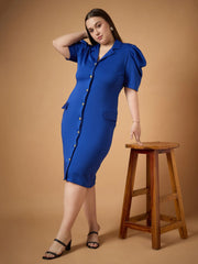 Women Royal Blue Front Button Midi Dress-SFDRSS12489
