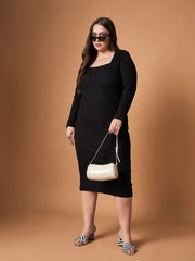 Women Black Rib Full Sleeves Midi Dress-SFDRSS12490