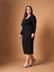 Women Black Rib Full Sleeves Midi Dress-SFDRSS12490