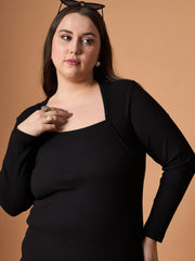 Women Black Rib Full Sleeves Midi Dress-SFDRSS12490