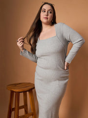 Women Grey M???lange Rib Full Sleeves Midi Dress-SFDRSS12491