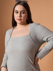 Women Grey M???lange Rib Full Sleeves Midi Dress-SFDRSS12491