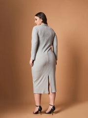 Women Grey M???lange Rib Full Sleeves Midi Dress-SFDRSS12491