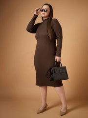 Women Brown Rib High Neck Midi Dress-SFDRSS12492