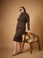 Women Brown Rib High Neck Midi Dress-SFDRSS12492