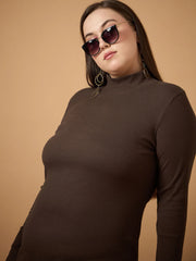 Women Brown Rib High Neck Midi Dress-SFDRSS12492