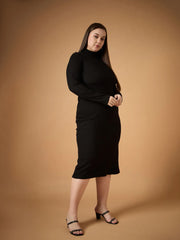 Women Black Rib High Neck Midi Dress-SFDRSS12493