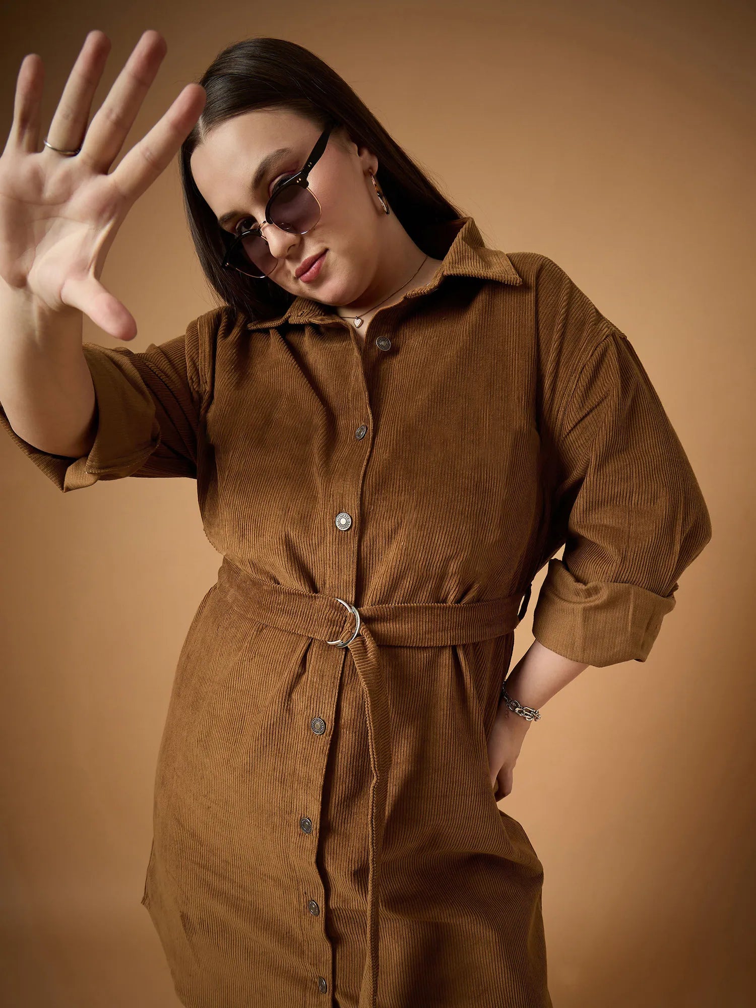 Brown Corduroy Button Front Dress | Casual Festive Wear