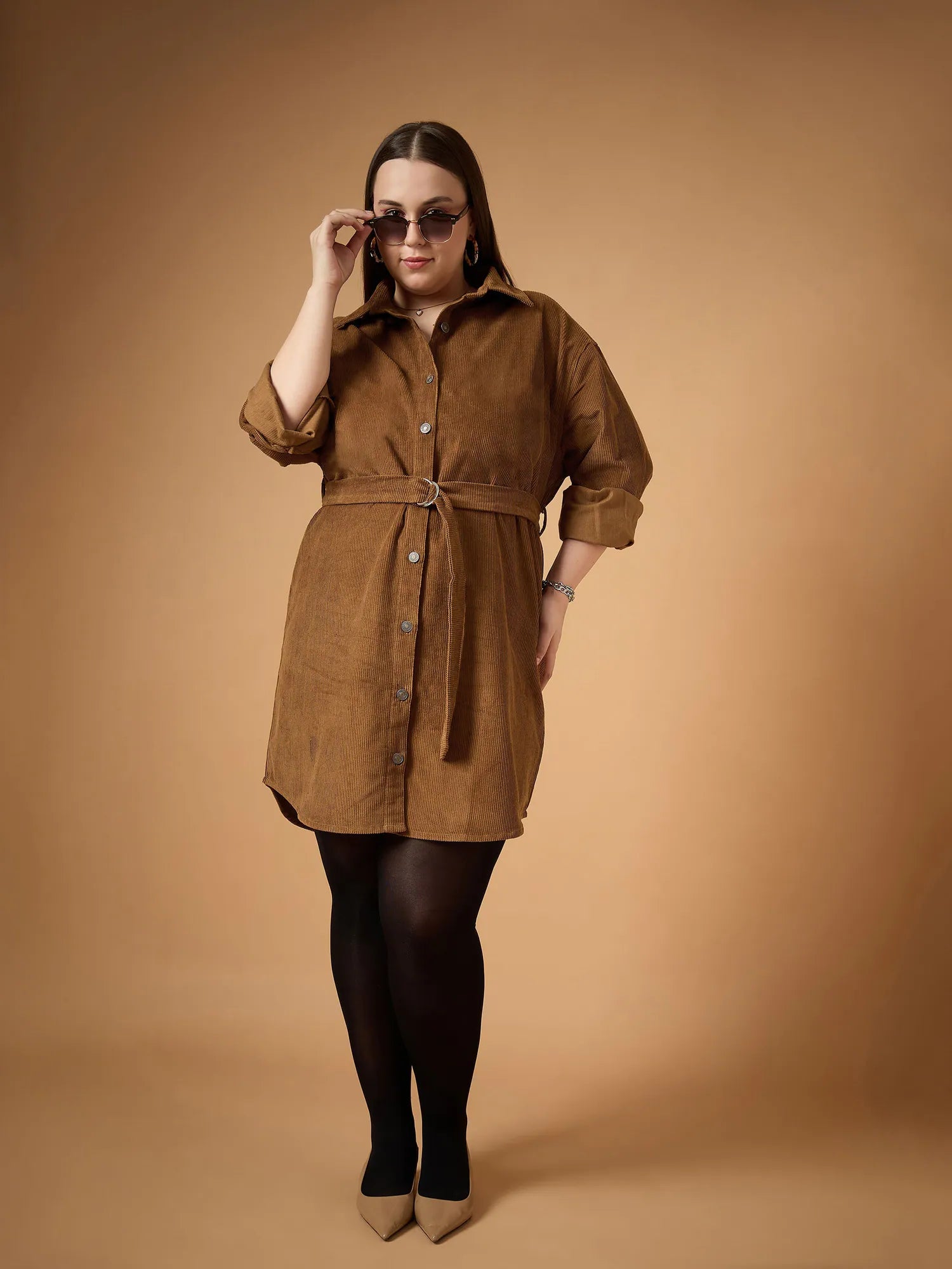 Brown Corduroy Button Front Dress | Casual Festive Wear
