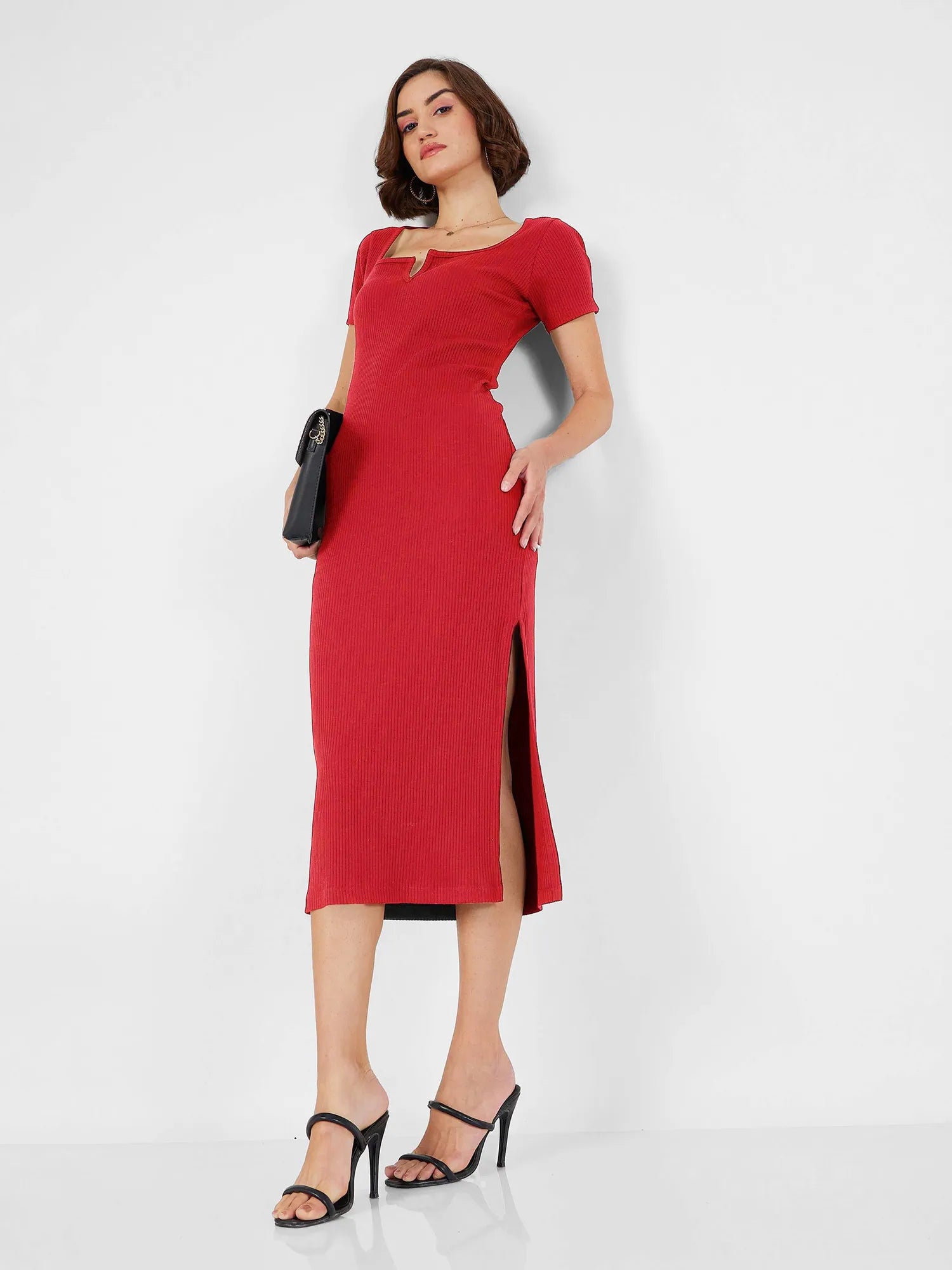 Red Rib V-Neck Midi Dress