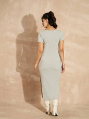 Women Grey Melange Rib V-Neck Midi Dress-SFDRSS12499