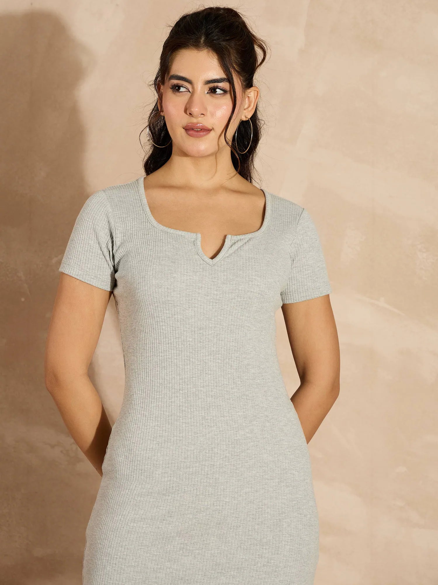 Grey Ribbed Midi Dress - Women's V-Neck Slim Fit Dress