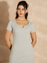 Women Grey Melange Rib V-Neck Midi Dress-SFDRSS12499