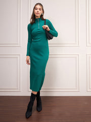 Women Bottle Green Rib High Neck Front Zipper Dress-SFDRSS12500