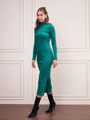 Women Bottle Green Rib High Neck Front Zipper Dress-SFDRSS12500
