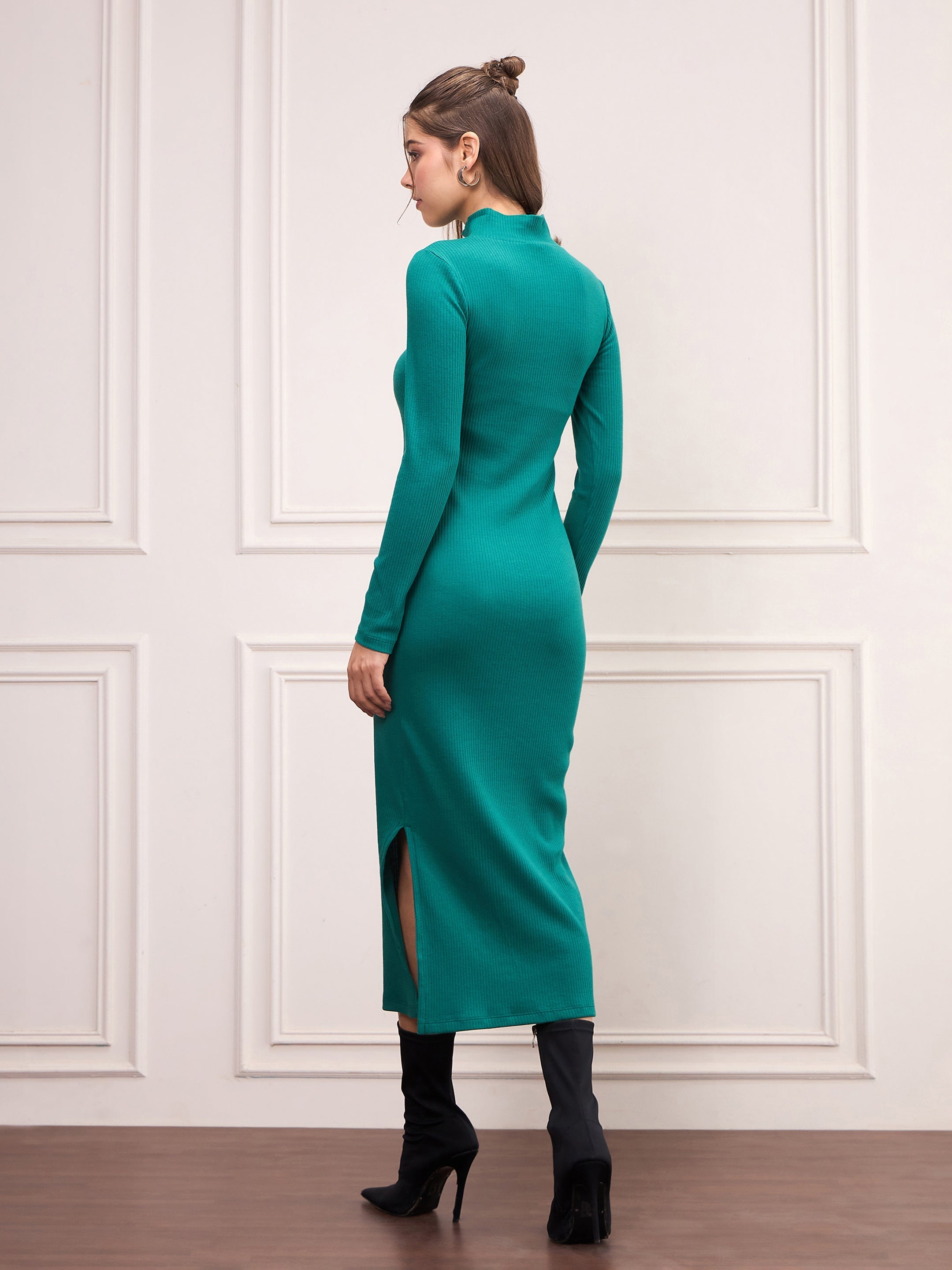 Women Bottle Green Rib High Neck Front Zipper Dress-SFDRSS12500