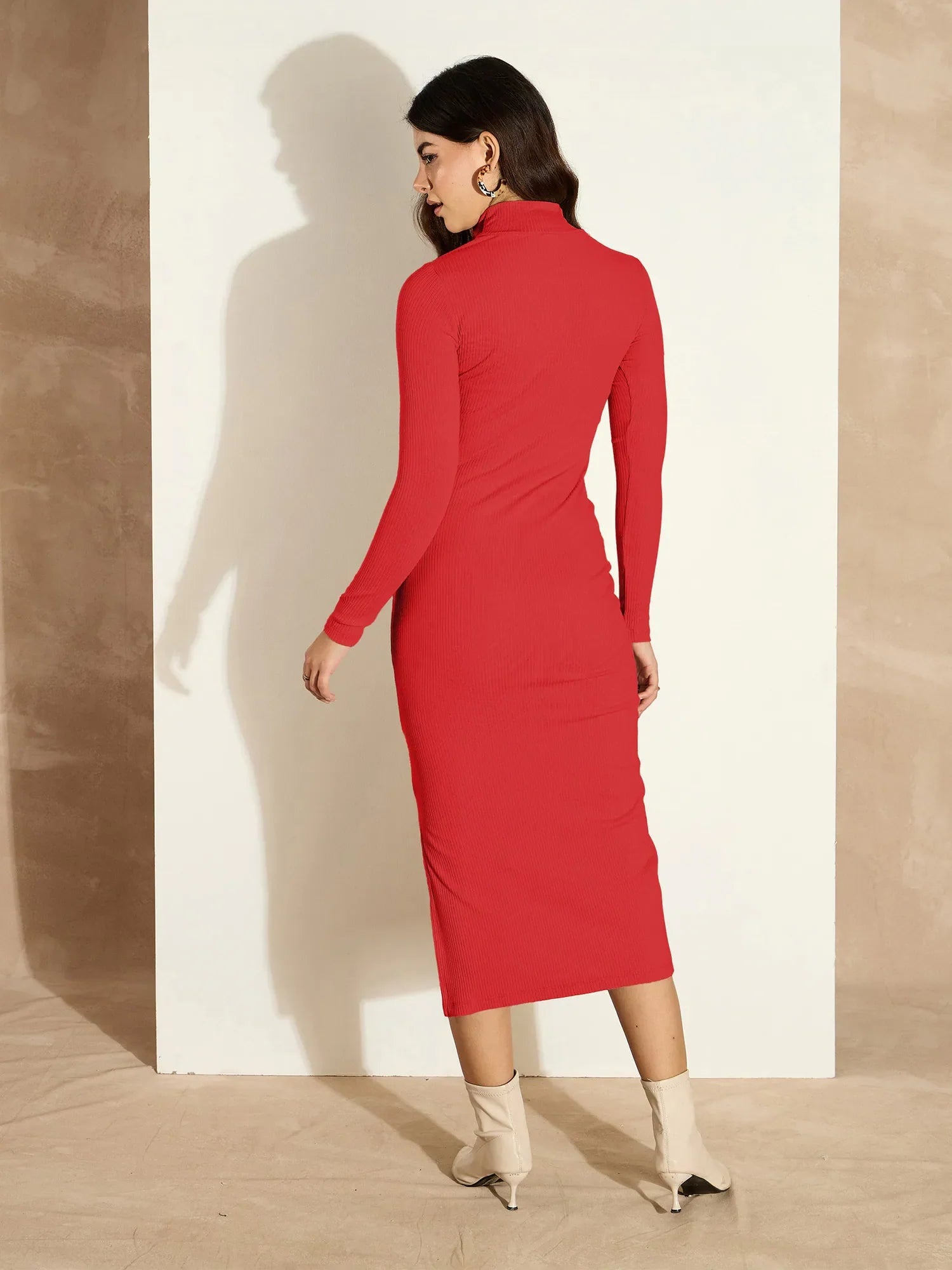 Red Ribbed Zipper Dress | Slim Fit Midi Dress for Women