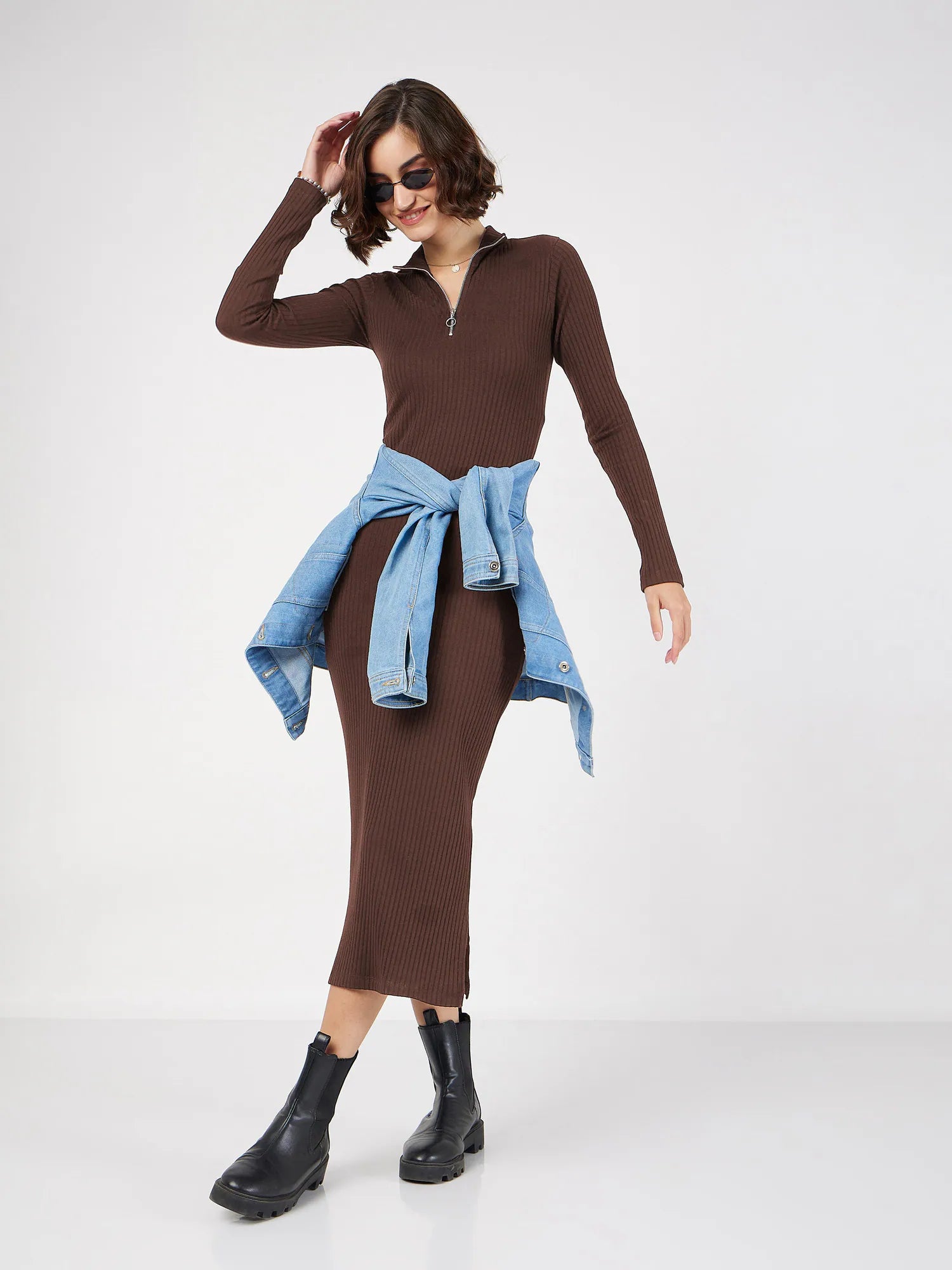 Dark Brown Ribbed Zip Front Dress | Women's Lehenga Style