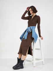 Women Dark Brown Rib High Neck Front Zipper Dress-SFDRSS12502