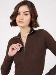 Women Dark Brown Rib High Neck Front Zipper Dress-SFDRSS12502