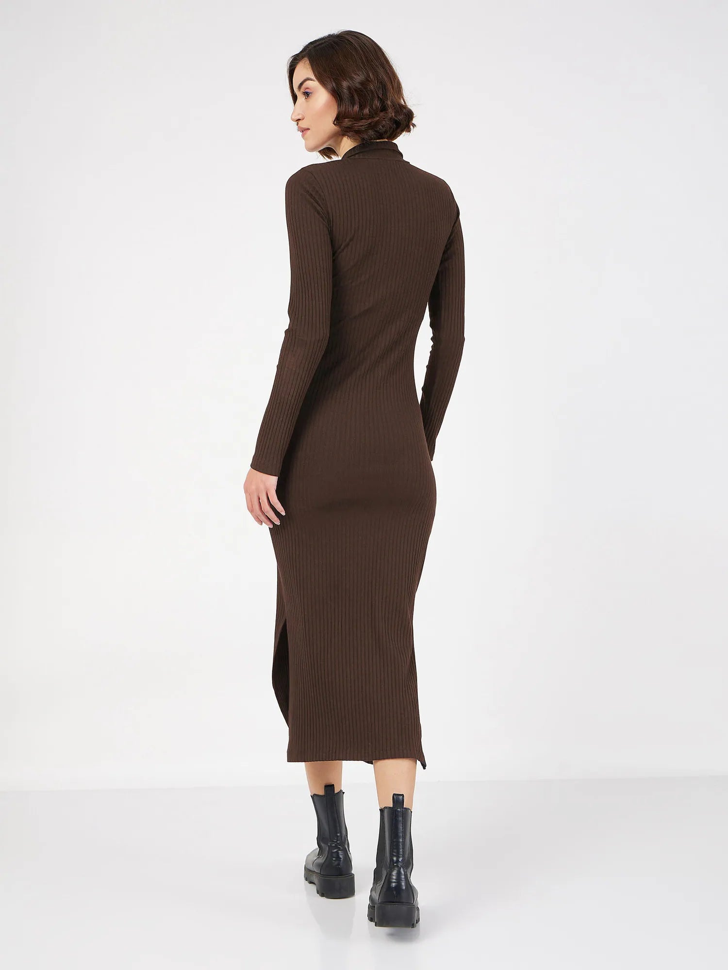 Dark Brown Ribbed Zip Front Dress | Women's Lehenga Style