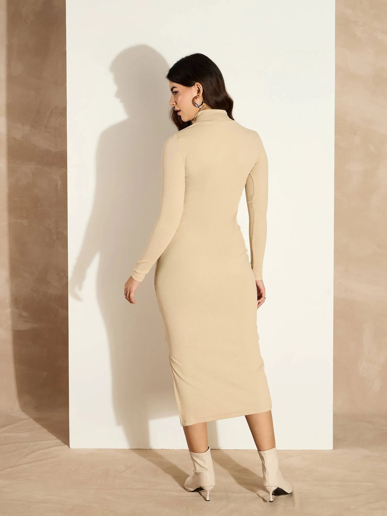 Beige Ribbed Zipper Dress - Women's Casual Midi Dress
