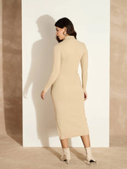 Women Beige Rib High Neck Front Zipper Dress-SFDRSS12504