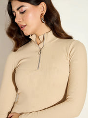 Women Beige Rib High Neck Front Zipper Dress-SFDRSS12504
