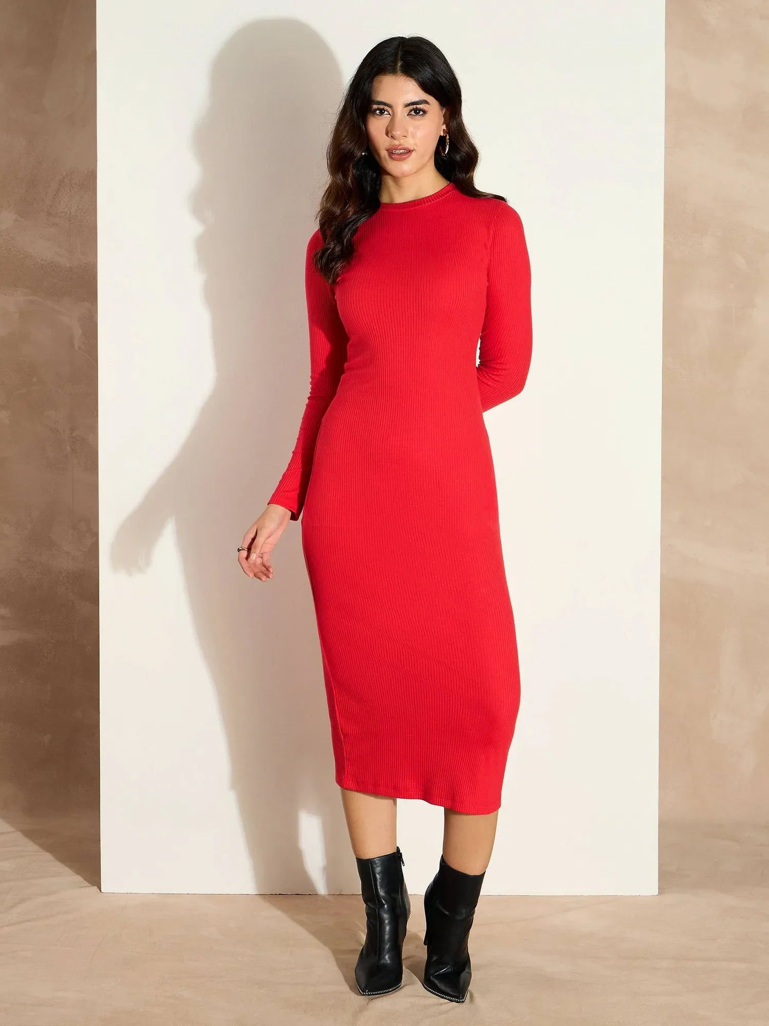 Red Rib Bodycon Midi Dress | Full Sleeves Women's Dress