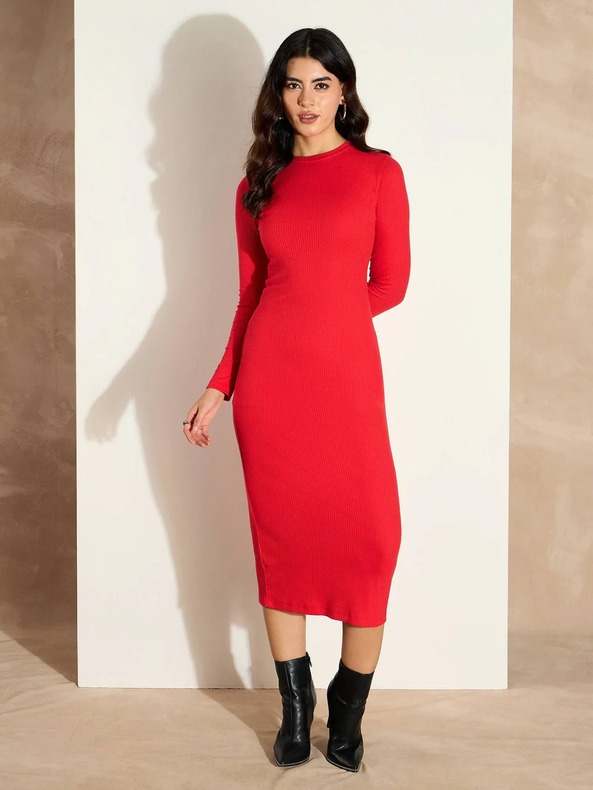 Women Red Rib Bodycon Full Sleeves Midi Dress-SFDRSS12505