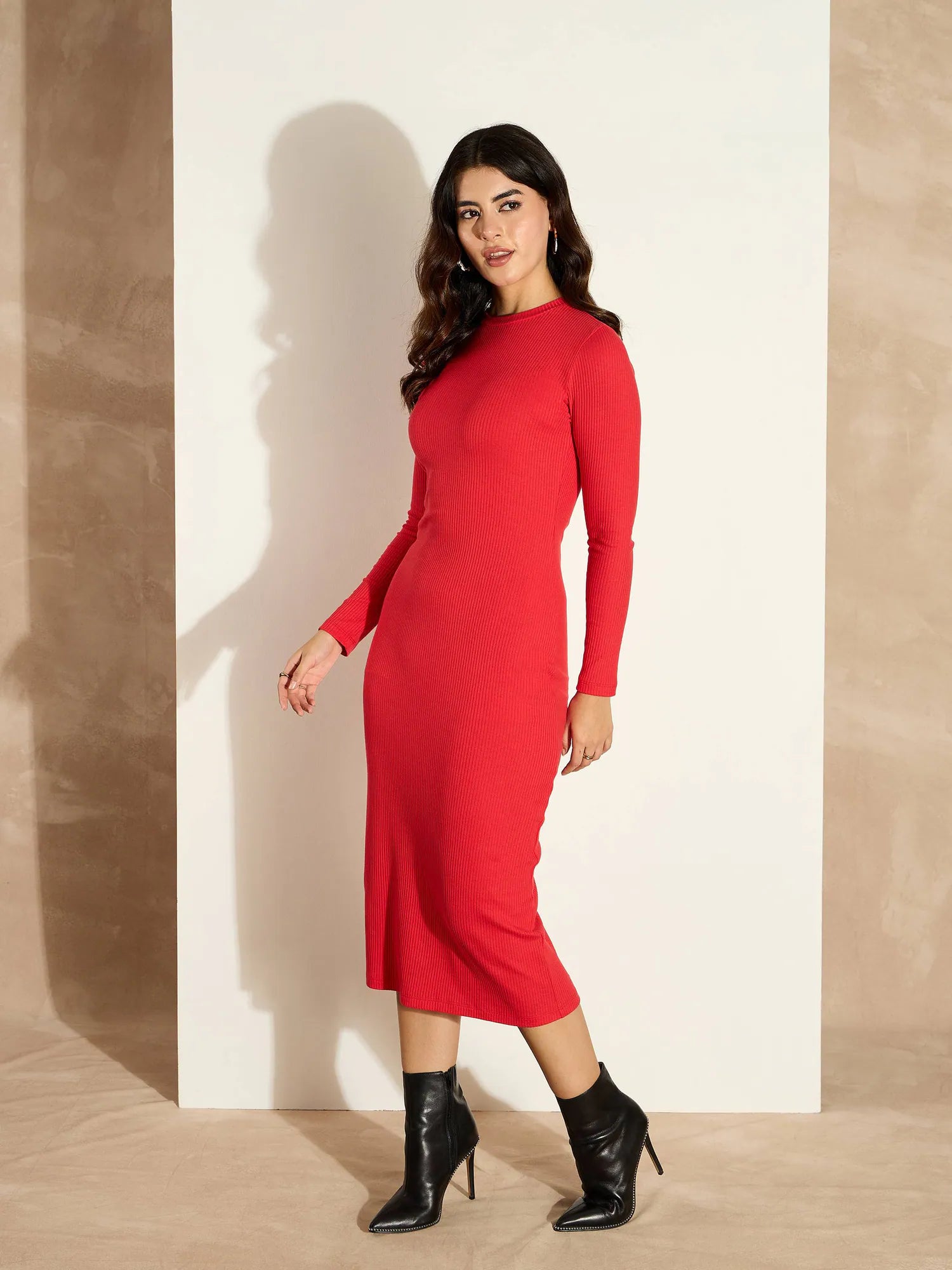Red Rib Bodycon Midi Dress | Full Sleeves Women's Dress