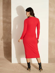 Women Red Rib Bodycon Full Sleeves Midi Dress-SFDRSS12505