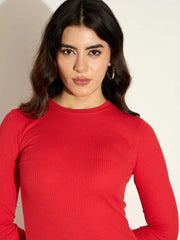 Women Red Rib Bodycon Full Sleeves Midi Dress-SFDRSS12505