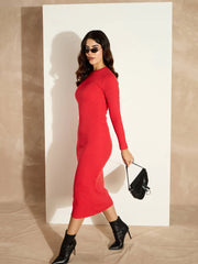 Women Red Rib Bodycon Full Sleeves Midi Dress-SFDRSS12505