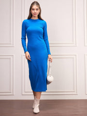 Women Royal Blue Rib Bodycon Full Sleeves Midi Dress-SFDRSS12506