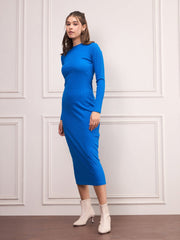 Women Royal Blue Rib Bodycon Full Sleeves Midi Dress-SFDRSS12506
